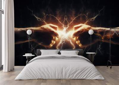 Two hands boxing each other with lightning inbetween created with Generative AI Wall mural