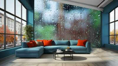 raindrops patter against a window slide, in the background you see a blurred garden Wall mural