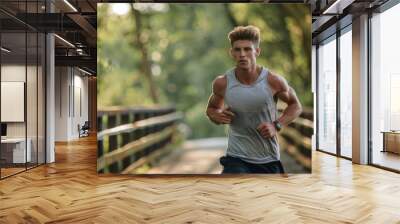 Portrait of an athletic young man running outdoors on a bridge, Generative AI Wall mural