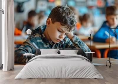 Sad schoolboy sitting at desk, looking down, leaning head on hand and writing in copybook during lesson or test, Generative AI Wall mural