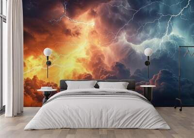 Storm warning. Weather background banner. Amazing lightning storm in orange light and dark clouds on sky.  Generative AI Wall mural