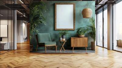 Stylish living room interior at elegant apartment with white clock, boxes and elegant accessories on the shelf. Green wood panelling. Modern home staging. Template. Home decor. Copy, Generative AI Wall mural