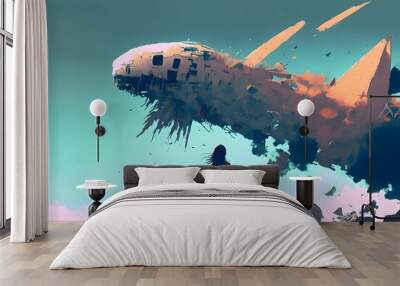 travel girl looking at a surreal broken plane in the sky, digital art style, illustration painting Wall mural