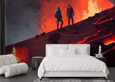 two men standing at the edge of the volcanic rock cliff with lava, illustration, digital painting, Generative AI Wall mural