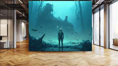 under water scene of the futuristic diver standing in a submerged town, digital art style, illustration painting, Generative AI Wall mural