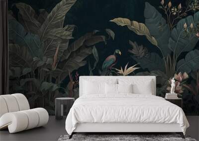 wallpaper palm tropical forest vintage jungle pattern with birds dark mood, Generative ai Wall mural