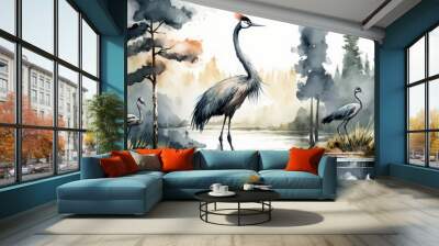 Watercolor painting of a Crane amidst lakes in the forest, Generative ai Wall mural