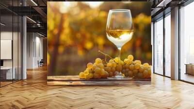 Wineglass of white wine and ripe grapes on wooden table in vineyard, Generative AI Wall mural