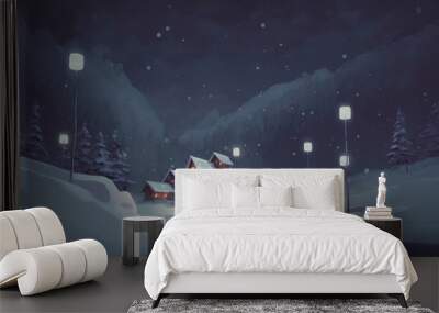 winter landscape with village and fantasy trees at night, illustration painting, Generative AI Wall mural