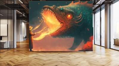 wizard summoning giant fish creature with fire magic, digital art style, illustration painting, Generative AI Wall mural