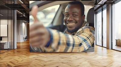 Young african american man smiling while driving a car showing thumbs up recommending something good, Generative AI Wall mural