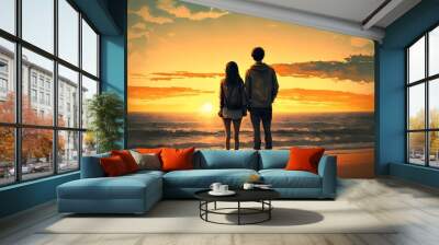 young couple looking at sunset beach, Generative AI Wall mural