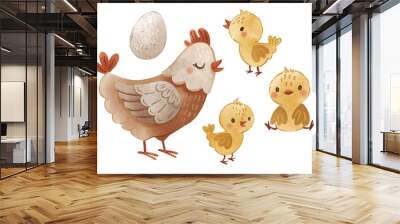 Cute little chicken hen family, watercolor farm animals. Chicken coop, baby book, card, poster, nursery, apparel. Hand drawn isolated hen with chicks and egg. Wall mural