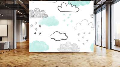 Doodle clouds pattern. Hand drawn vector seamless background with clouds and stars in grey and teal. Scandinavian style print.  Wall mural