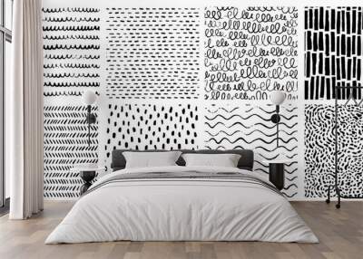 Hand drawn ink pattern and textures set. Expressive seamless abstract vector backgrounds in black and white. Trendy monochrome doodles and brush marks. Wall mural