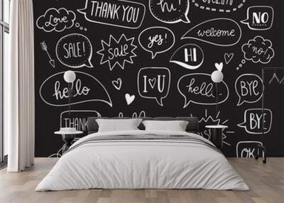 Hand drawn vector speech bubbles with hi, hello, thank you and many more in doodle style with cute arrows, hearts and stars. Wall mural