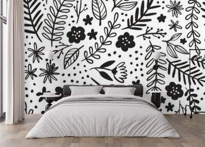 Modern floral vector pattern. Hand drawn flowers and leaves in doodle style. Graphic monochrome black and white seamless background.  Wall mural