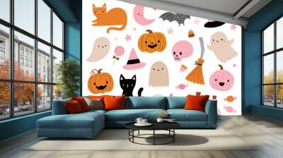 Pink Halloween. Cute hand drawn illustrations in retro colors including ghosts, cats, bats, pumpkins, candy. Fun halloween elements for kids. Wall mural