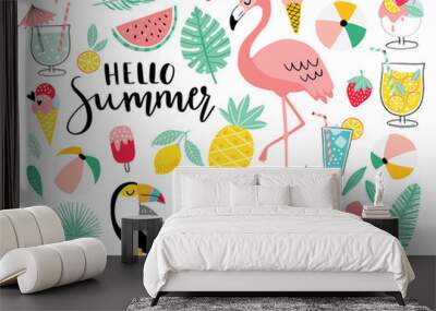 set of cute summer icons. hand drawn vector illustration. flamingo, toucan, tropical palm leaves, fr Wall mural