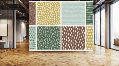 Set of hand drawn vector abstract doodle patterns winter, earthy tones. Seamless doodle backgrounds with  dots, branches, brush strokes, triangles. Wall mural