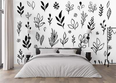 Vector branches and leaves. Hand drawn floral elements in loose doodle style. Ink vintage botanical illustrations.  Wall mural