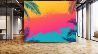 Colorful summer background with palm trees and color splashes, summer beach poster template Wall mural