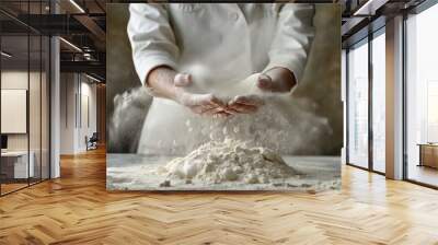 Clap hands of baker with flour in kitchen closeup, a bakery man in the kitchen, a bakery man closeup, bakery man making dough closeup, bakery man background, bakery background Wall mural