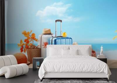 luggage with summer beach accessories and umbrella under the palm tree with light blue colorstudio background Wall mural