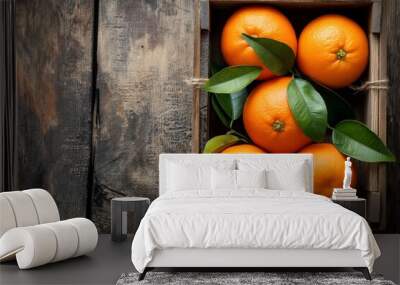 Oranges with leaves in an old box on a wooden table, orange with leaves, orange closeup, orange on a wooden table, orange, healthy food, healthy concept Wall mural