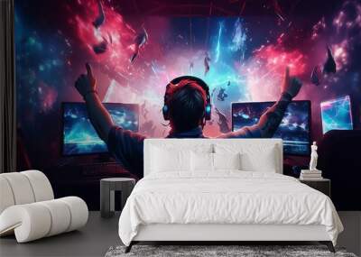  Professional E-Sports gamer rejoices in the victory in blue light game room background, Portrait of a young man in headphones playing video games on the console Wall mural