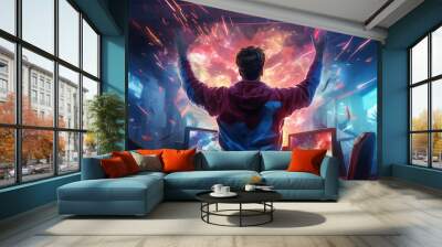  Professional E-Sports gamer rejoices in the victory in blue light game room background, Portrait of a young man in headphones playing video games on the console Wall mural