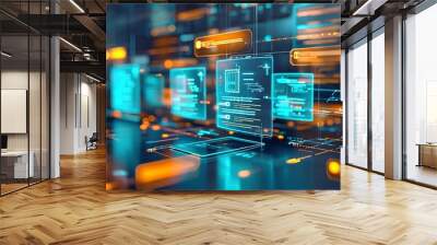 Compliance and Governance, Illustrate a scenario that highlights how advanced document management technologies ensure regulatory compliance and governance standards, AI Wall mural