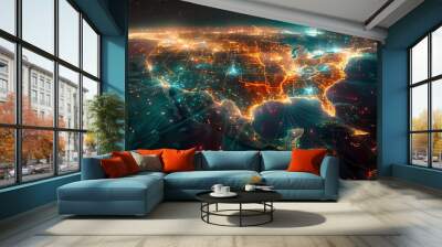 Orbital Networks, Satellites in low Earth orbit casting shadows over a map of North America, modern communication networks. Wall mural