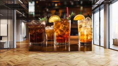 two glasses of Cuba Libre cocktail with ice cubes and lemon on bar counter, Mixed drinks on counter. Whiskey-cola, cuba libre cold drinks with rosemary and orange slices Wall mural