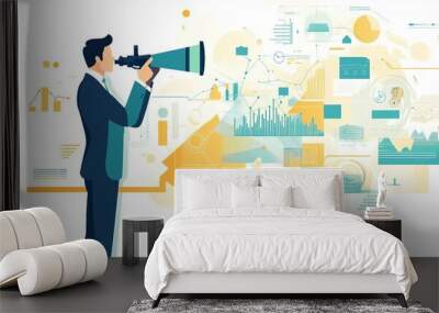 Visionary Business Strategy: Telescope as a Tool for Long-Term Goals, businessman using a telescope to survey the future Wall mural