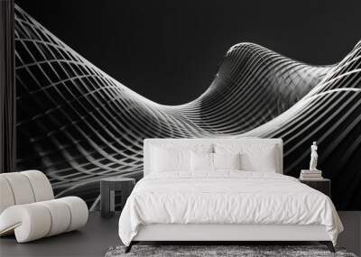 Abstract black and white image of a futuristic architecture concept with wavy lines and grid pattern. Wall mural