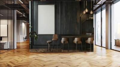 An interior design scene featuring a bar counter with brown leather stools against a dark wall with a large, blank canvas hanging above. Wall mural