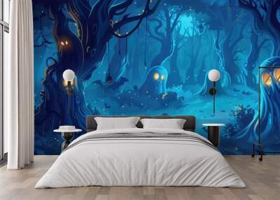 A dark blue Halloween forest with three ghosts and two witches, glowing eyes, moonlight. Wall mural