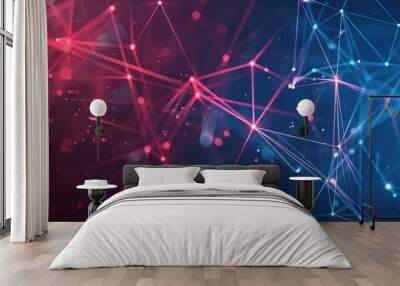 Abstract digital technology background with glowing connections and global network concept, blue color theme, light neon red accents, space for text on right side of banner. Wall mural