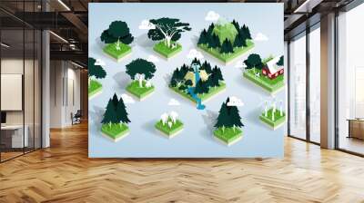 Graphic design vector of green ecology elements, renewable energy and background, environment friendly concept in isometric style, illustration vector of forest, water and city Wall mural