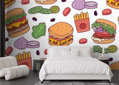 burger doodle seamless pattern vector illustration Wall mural