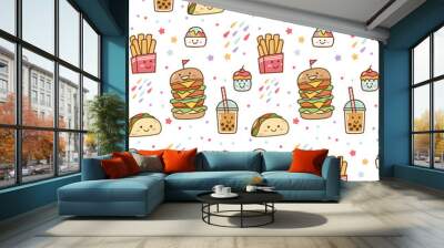 Cartoon junk food kawaii seamless pattern  Wall mural