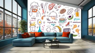 restaurant background doodle with various food and drink vector illustration Wall mural