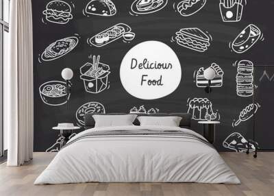 Set of delicious food doodle on chalk board background Wall mural