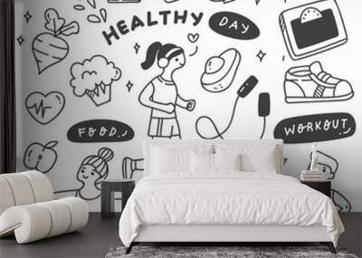 Set of Exercise People with Food and Equipment in Doodle Style Illustration Wall mural