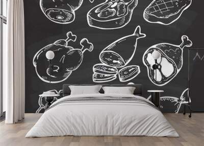 set of meat doodle on chalkboard background Wall mural