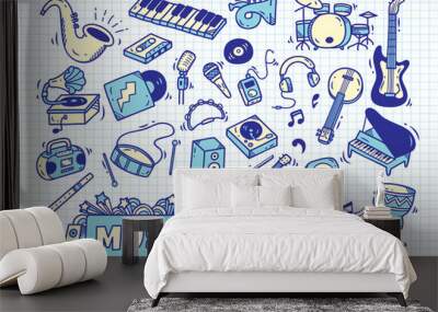 set of music instrument in doodle style on paper background Wall mural