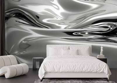 glossy silver metal fluid glossy chrome mirror water effect background backdrop texture 3d render illustration. Generative AI. Wall mural