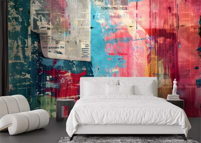 newspaper or magazine clippings, colorful grunge background. Generative AI. Wall mural