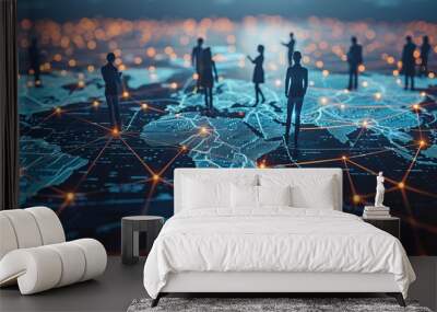 Business network concept with business people standing on a global map connected by glowing connections. High quality photo of businesspeople in suits connecting their interconnected networks using Wall mural